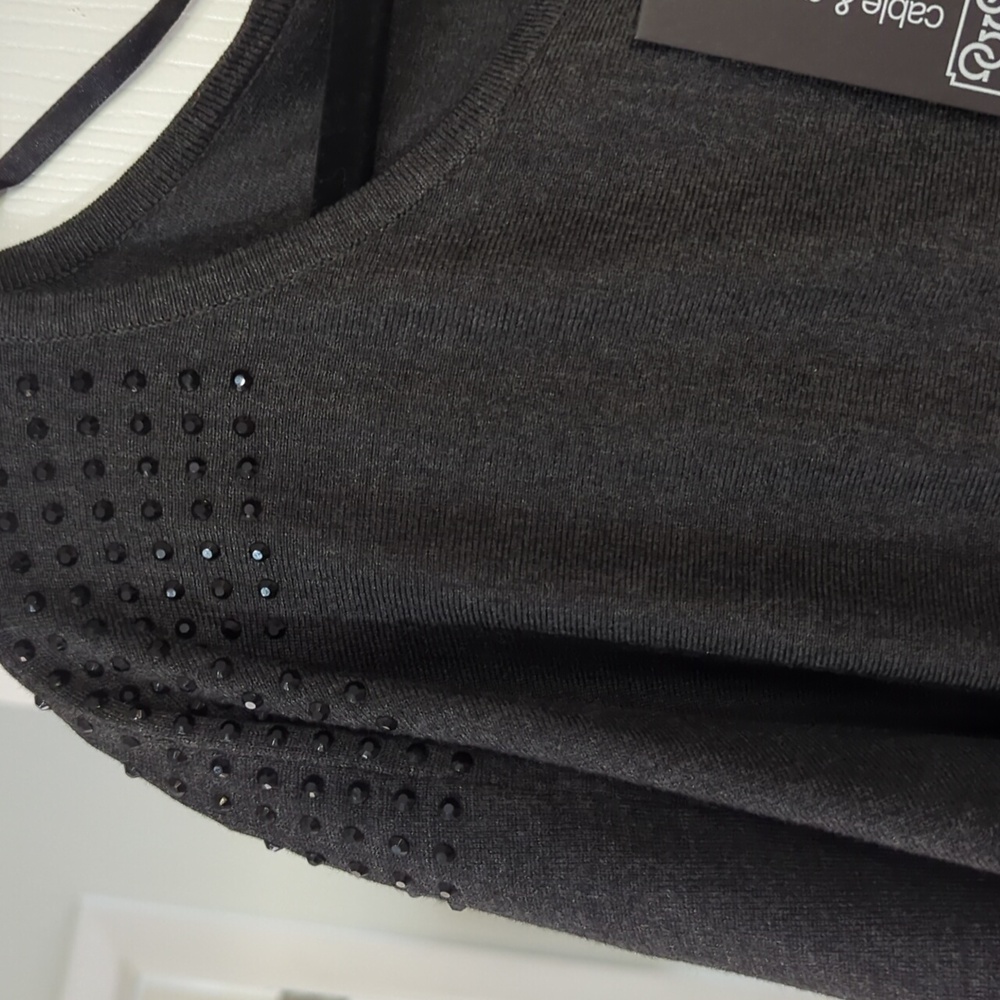 NWT CABLE & GAUGE RHINESTONE SHOULDER, 3/4 SLEEVE SIZE 1X DARK GRAY SWEATER - Picture 2 of 7